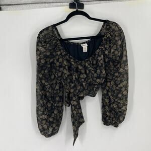 Japna Dark Floral Boho Crop Top Puff Sleeve Long Sleeve Boho Festival Medium